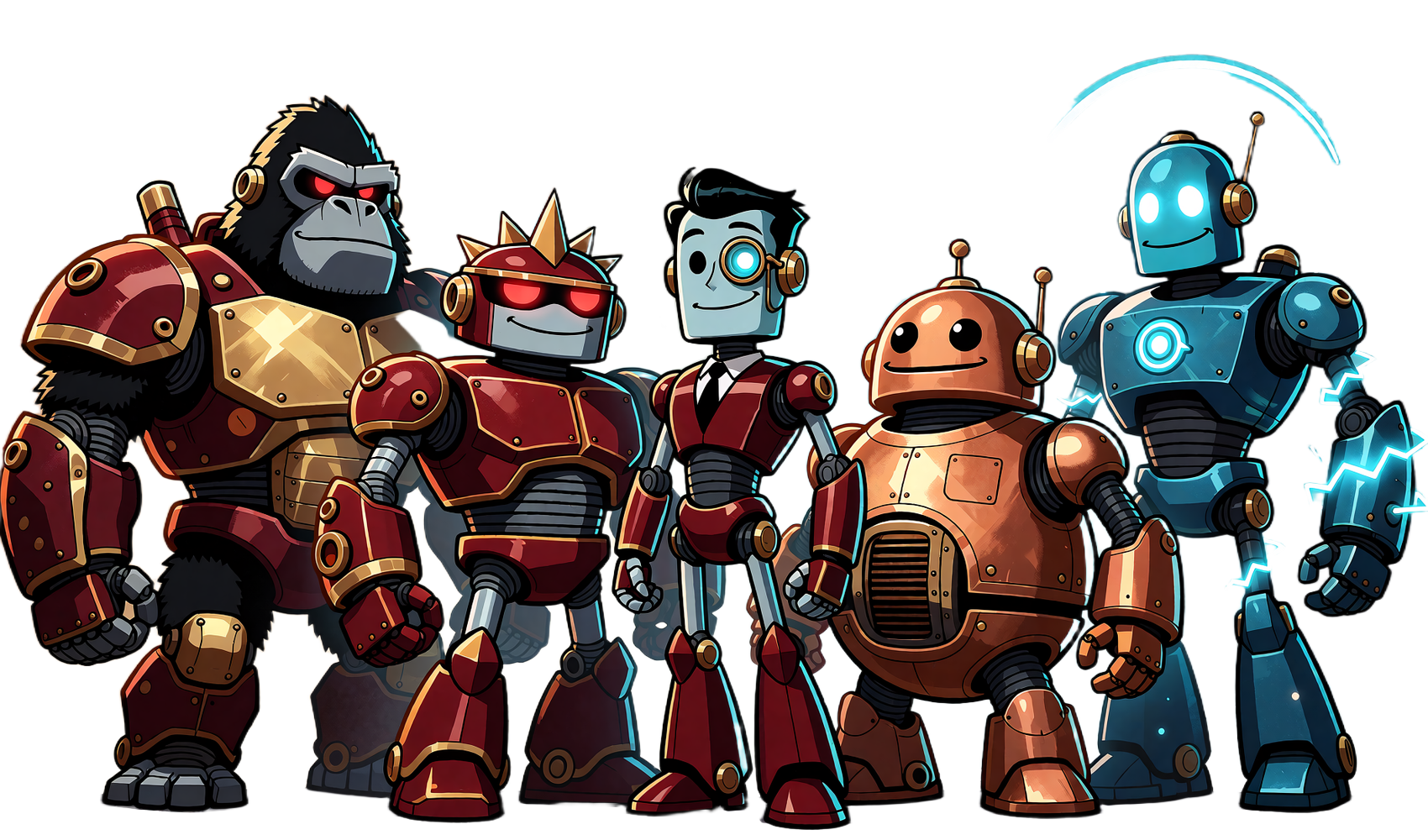 Pięć robot&oacute;w-maskotek Casoola Casino: Caszilla, Spike, Armando, Fernando i Surge stojący razem