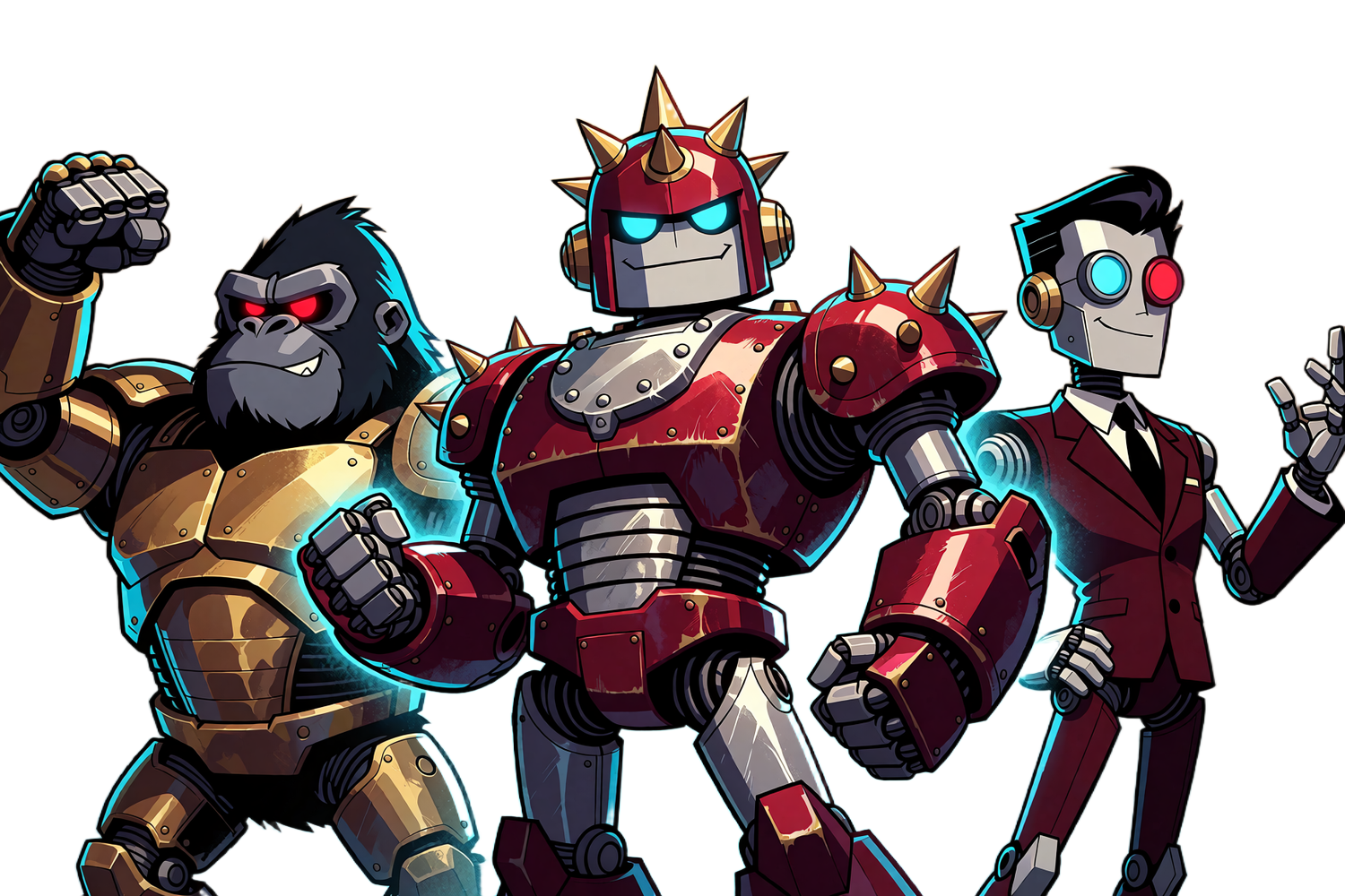 Roboty-maskotki Casoola Casino - Caszilla, Spike i Armando - stojące w fabryce kasyna online